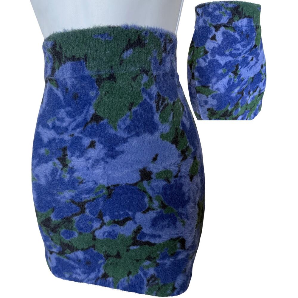 Rotate Birger Christensen Blue Green Floral Bodycon Fuzzy Mini Skirt Womens 2